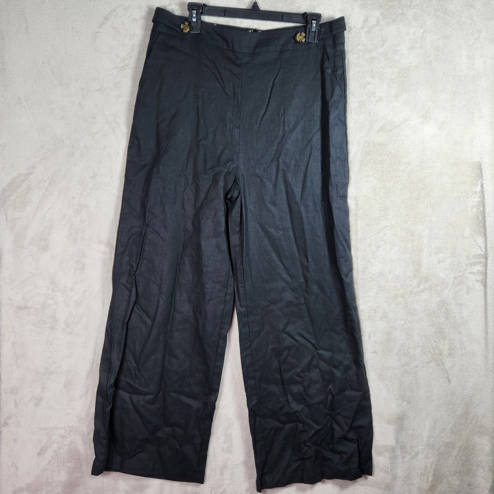 AQUA Wide Leg Pants Womens XL Black Linen Blend High Rise Coastal Casual Office
